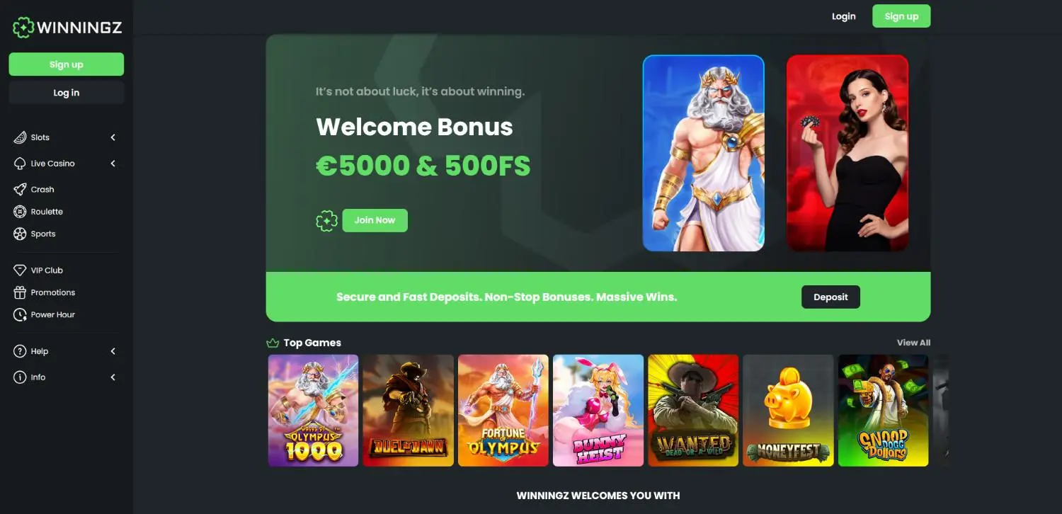 Winningz homepage showing its welcome bonus and top games