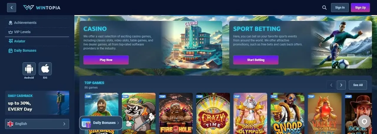 Wintopia home page showing its casino and sports betting sections and daily cashback offer