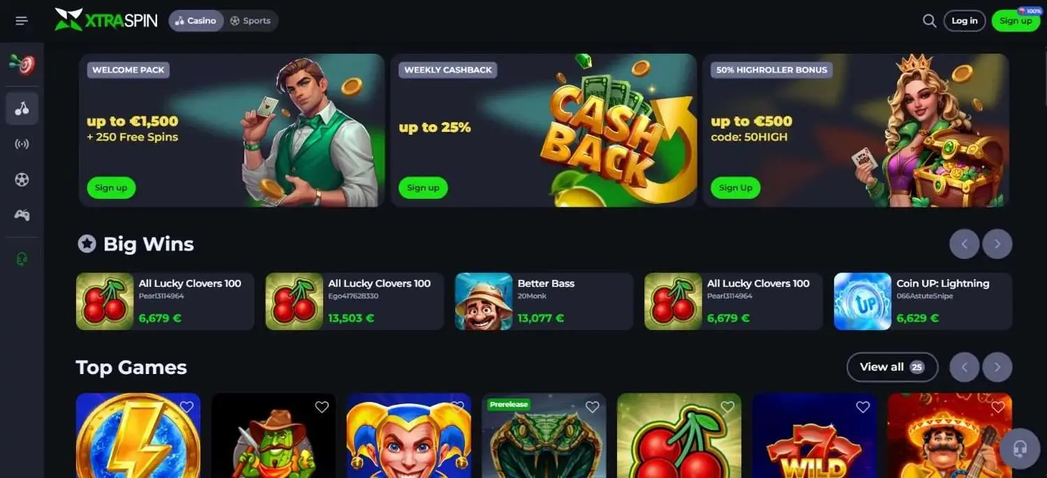 XtraSpin home page showing its welcome pack, weekly cashback and top games
