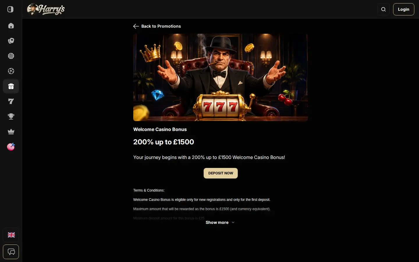 Harry's welcome bonus page showing 200% up to £1500